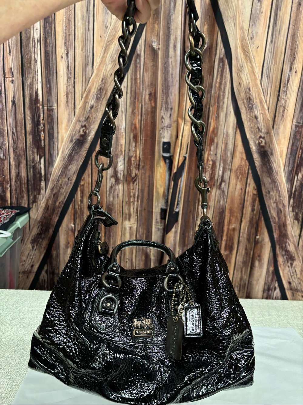 Coach Black Patent Leather Shoulder Bag with Chain-Detail Straps
F0873-12957